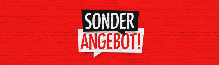 Grafikdesign mit dem Text "SONDERANGEBOT!" in Sprechblasen auf rotem Hintergrund.