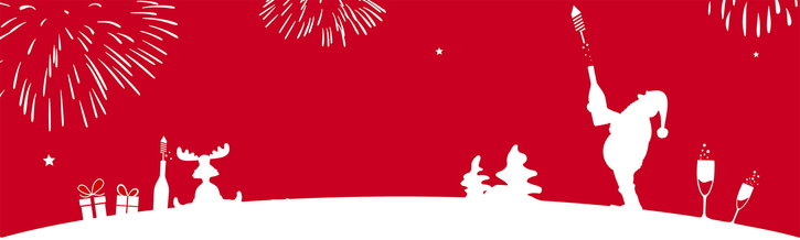 Silvesterliche Szene mit Sektflöten, einem Elch, Tannenbäumen, Geschenken und Feuerwerk auf rotem Hintergrund.