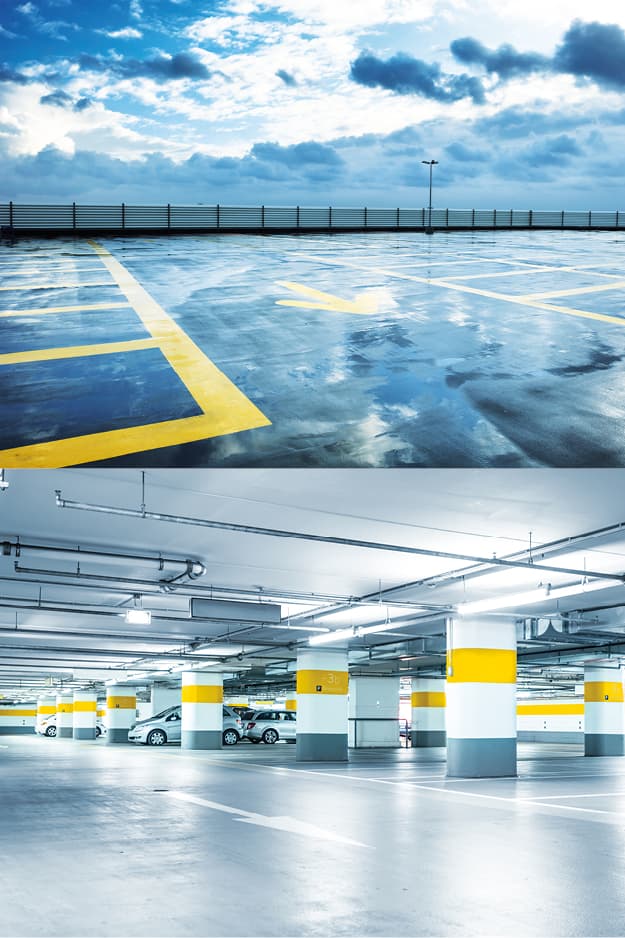  Zwei kontrastierende Ansichten eines Parkhauses: oben eine leere, weitläufige Dachterrasse mit dem Himmel im Hintergrund, unten ein geschlossenes Parkhaus mit Autos und sichtbaren Betonstrukturen.