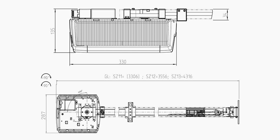 Technische Zeichnung des Tiefgaragenantriebs Comfort 390 von Marantec