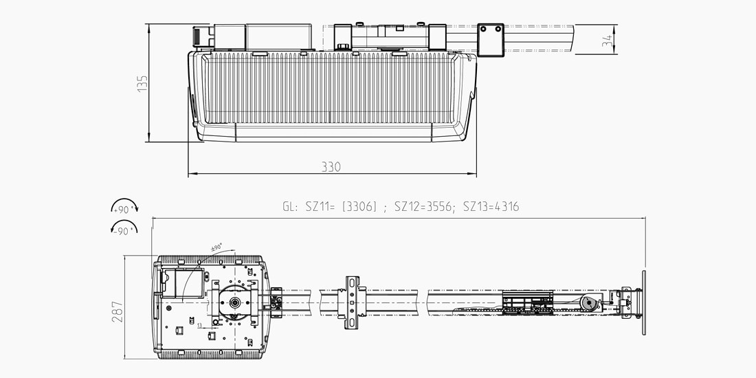 Technical drawing of the Marantec Comfort 390 underground garage door opener